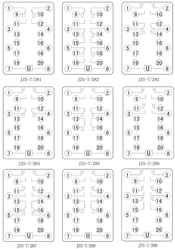 JZS-7/287斷電延時(shí)中間繼電器內(nèi)部接線圖